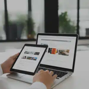 image d'une personne avec un ordinateur et une tablette pour montrer l'aspect responsive d'un site web.